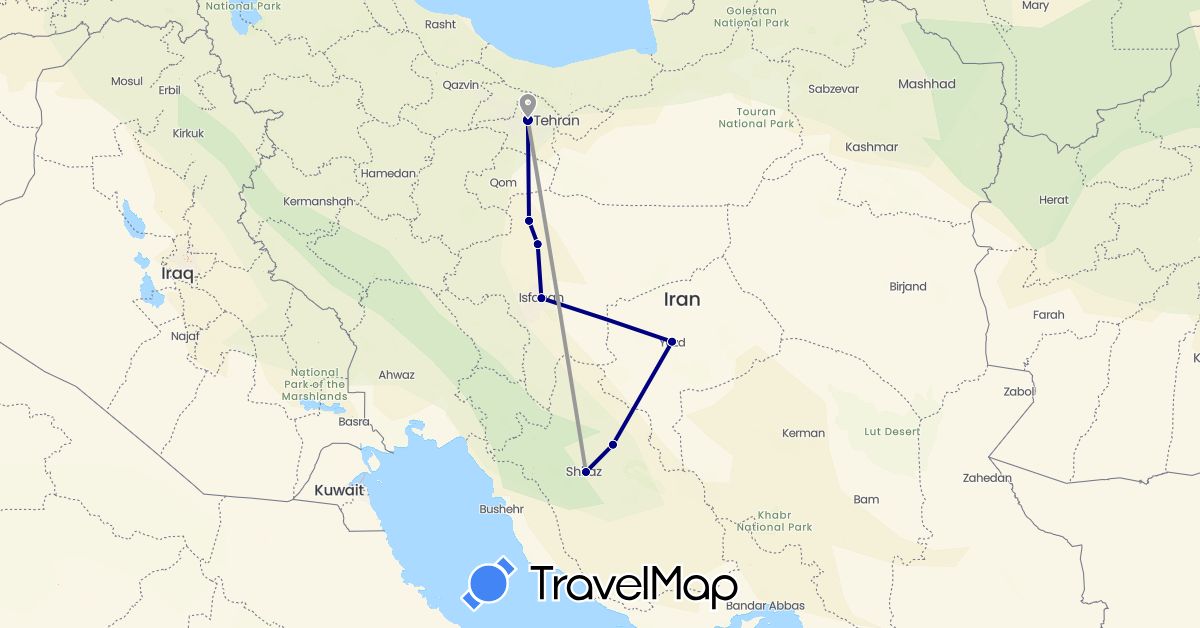 TravelMap itinerary: driving, plane in Iran (Asia)